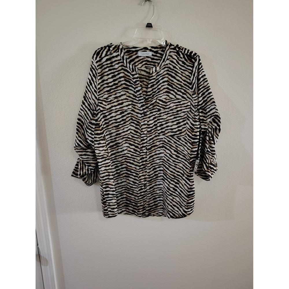 Calvin Klein Womens XL Tiger Stripe Animal Print Roll Tab Sleeve Blouse Top